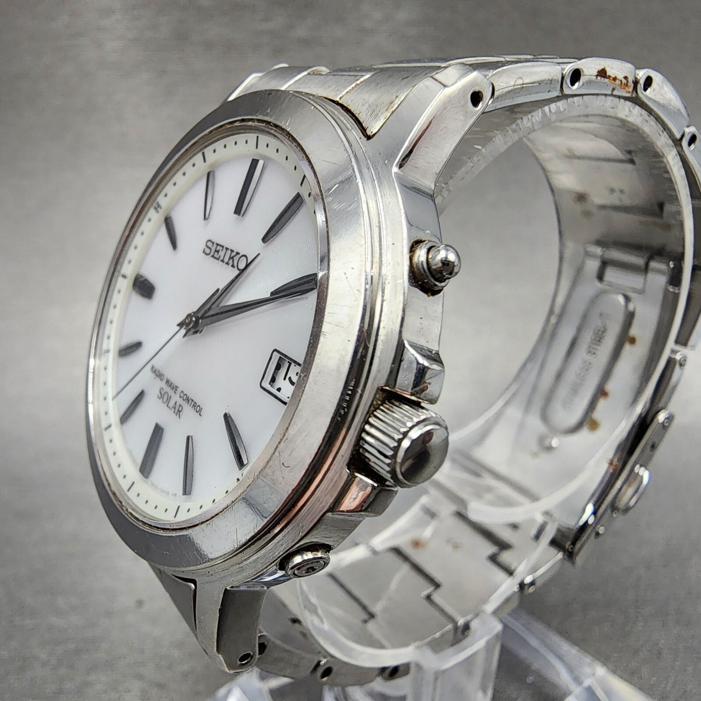 Seiko Solar Watch Men 38mm White Dial Silver Tone Date 7b52-0af0 Runs