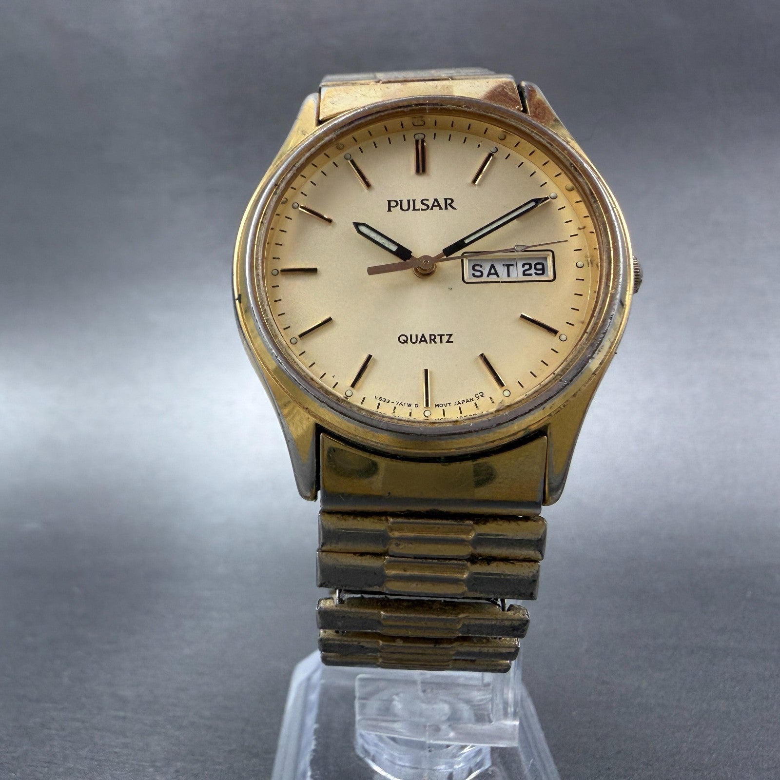 Pulsar Watch Men 34mm Champagne Dial Gold Tone Daydate Round V533-7a30 New Batt5