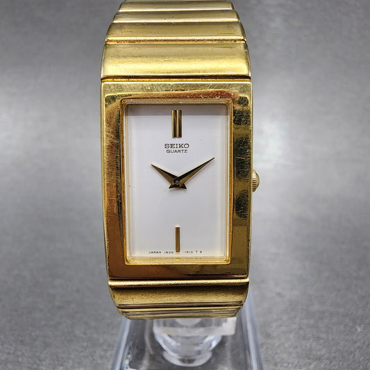 Seiko Tank Watch Women 18mm White Dial Gold Tone Rectangle 1n005e80 New Battery0