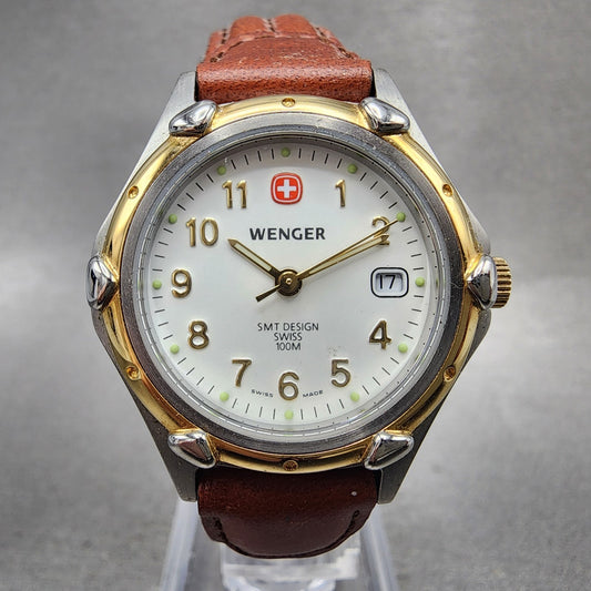 Wenger Watch Women 29mm White Dial Two Tone Date Round Leather Band New Battery0