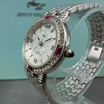 LZ Watch Women 25mm White Dial Silver Tone Ruby Bezel Round New Battery2