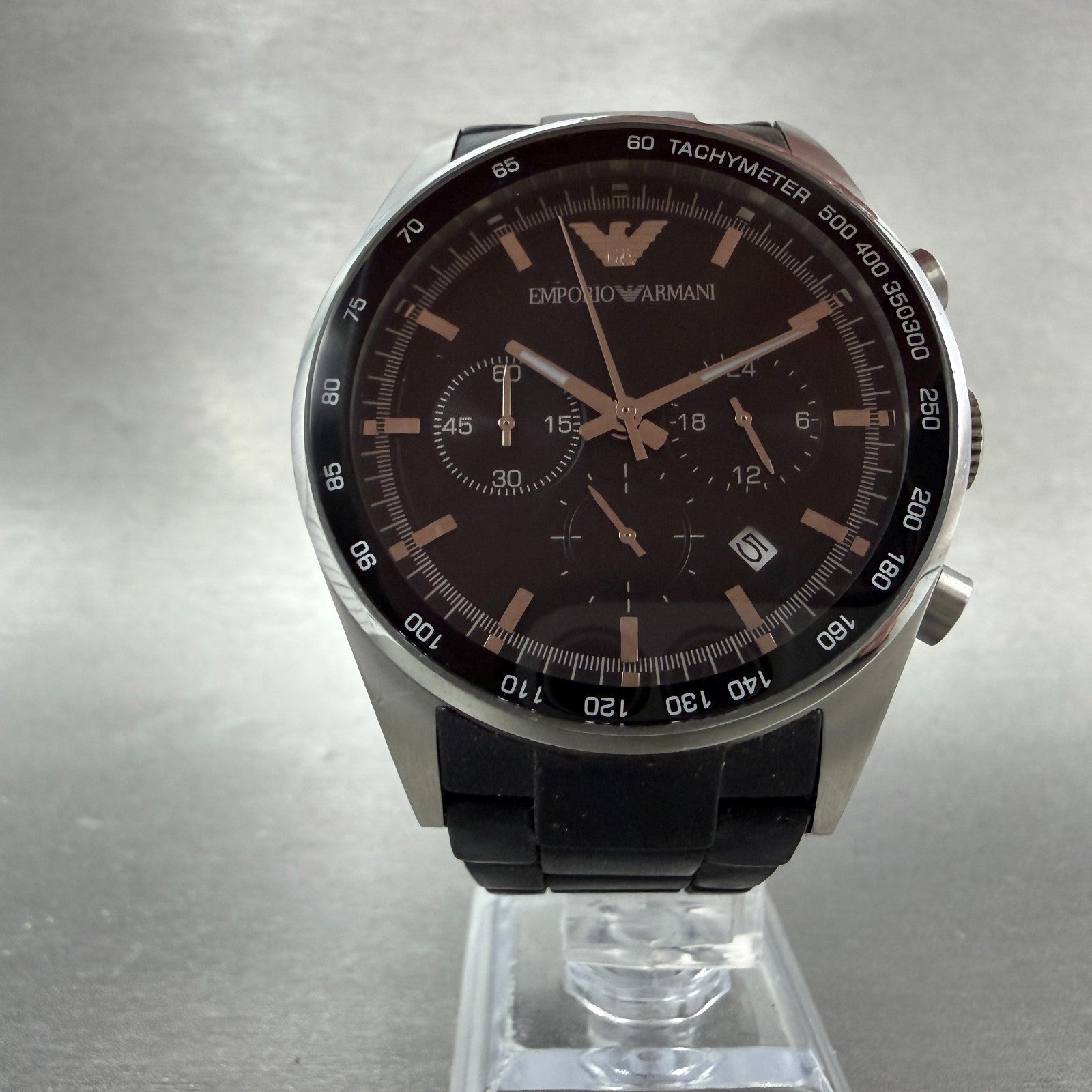 Emporio Armani Chronograph Watch Men 43mm Black Dial Steel Date AR-5890 New Batt5