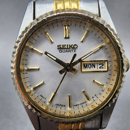Seiko Watch Women 24mm White Dial Two Tone Daydate Round 7N830049 New Batt AB121