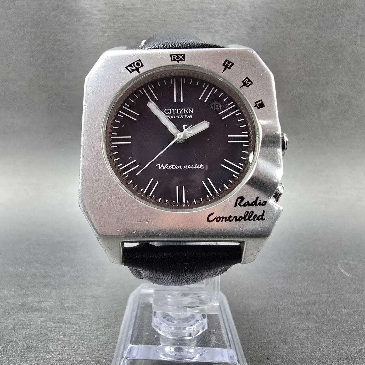 Citizen Eco-Drive Atomic Watch Men 37mm Black Dial Aluminum Date Octagon READ!!!6