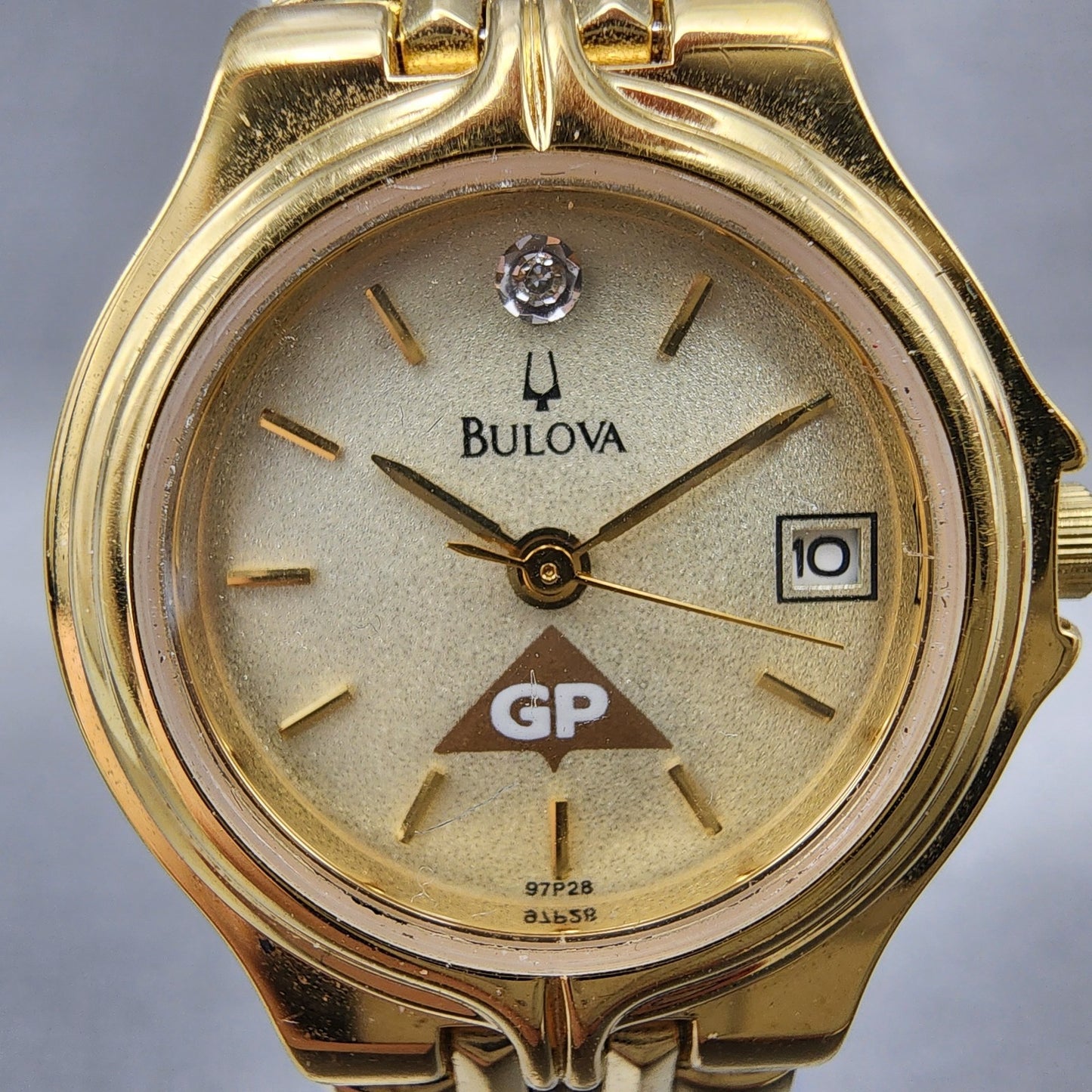 Bulova Watch Women 24mm Champagne Dial Gold Tone Date 97P28 New Battery Diamond1