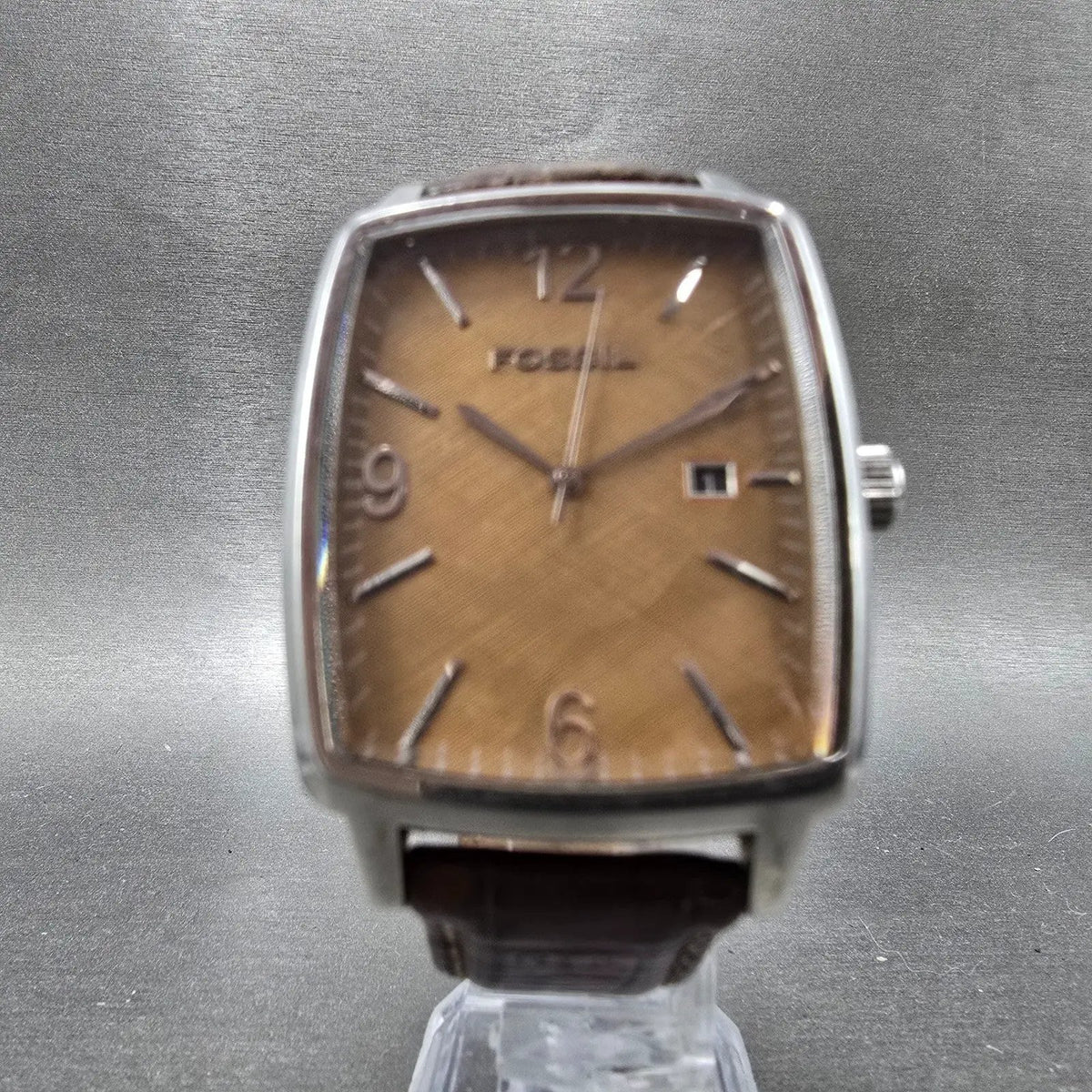 Fossil Tank Watch Men 36mm Brown Dial Silver Tone Date Rectangle FS-4048 New Bat5