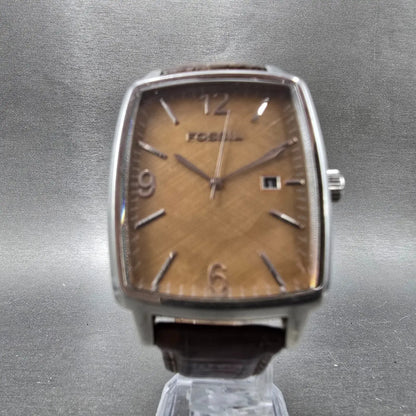 Fossil Tank Watch Men 36mm Brown Dial Silver Tone Date Rectangle FS-4048 New Bat5