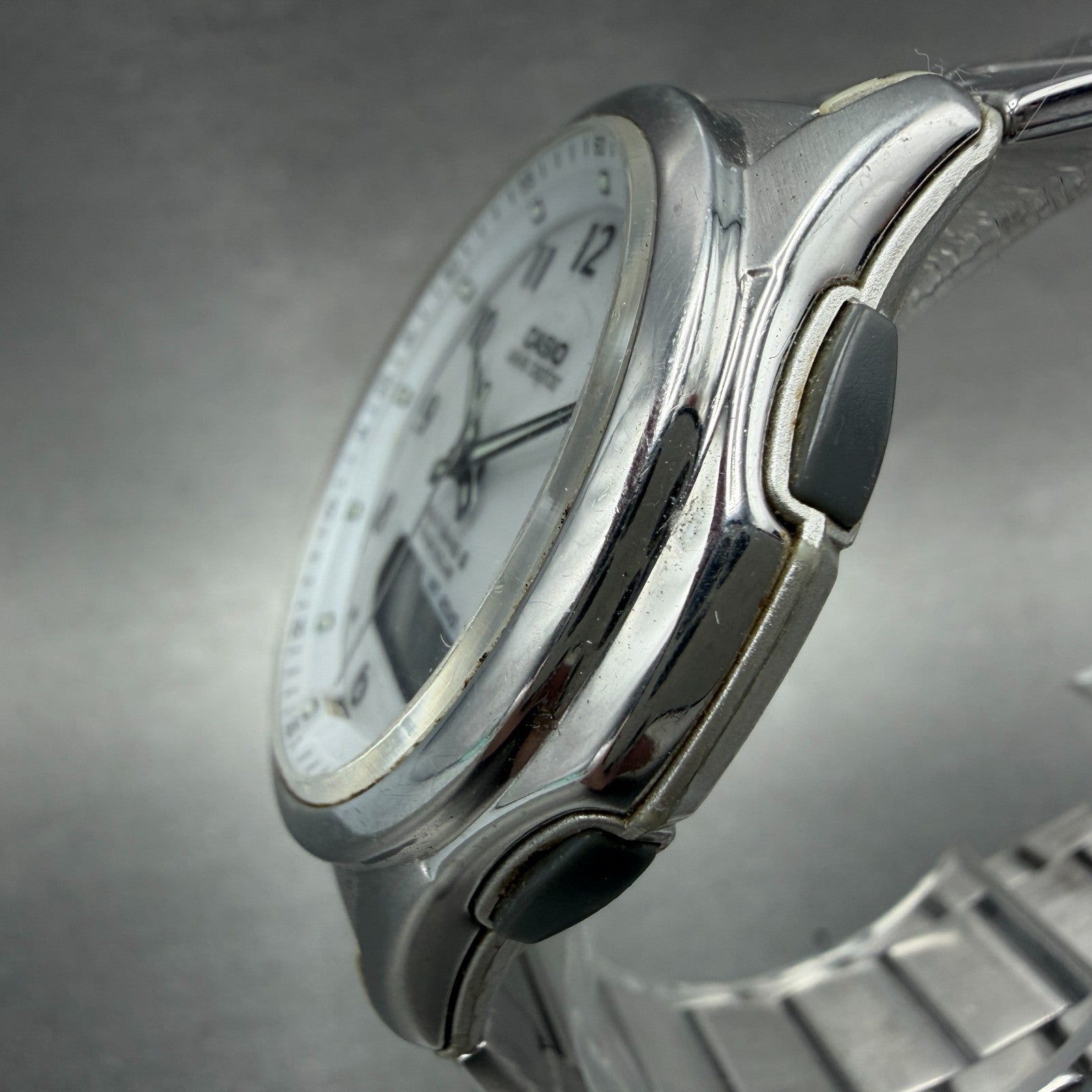 Casio Wave Ceptor Watch Men 42mm White Dial Steel Solar Analog Digital Works ABC2