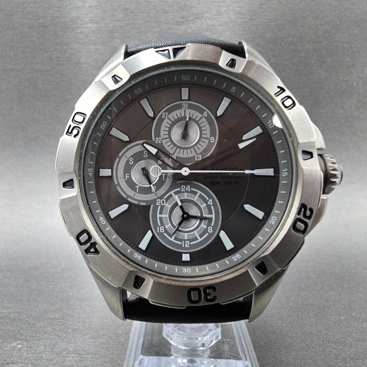 Nautica Dive Watch Men 45mm Gray Dial Silver Daydate Round N14570G New battery5