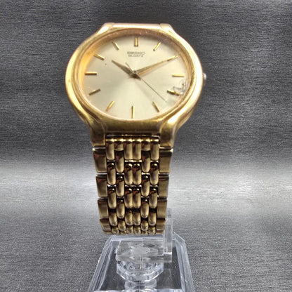Seiko Watch Men 34mm Champagne Dial Gold Tone Round V701-6J60 New Battery VTG5