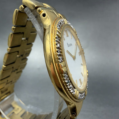 Bulova Watch Men 34mm White Dial Gold Tone Diamond Bezel Round 98E05 New Battery3