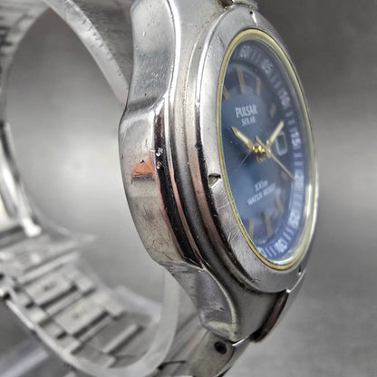Pulsar Solar Watch Women 30mm Blue Dial Silver Date Round V182-X001 Works3