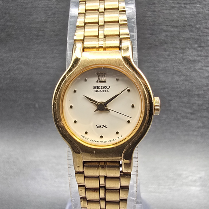 Seiko SX Watch Women 19mm Champagne Dial Gold Tone Round V401-0091 New Battery G0