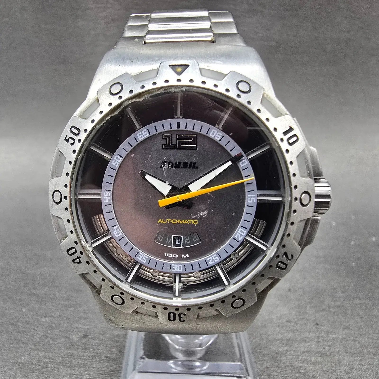 Fossil Blue Automatic Dive Watch Men 42mm Silver Dial Steel Date AM-4029 Runs0