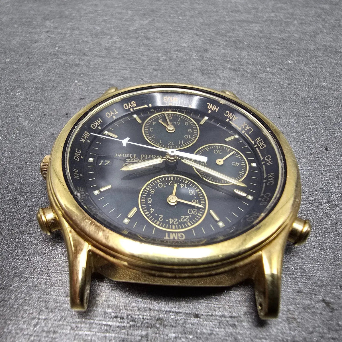 Seiko World Time Watch Men 37mm Black Dial Gold Tone Alarm Date 5T52-6A39 PARTS75