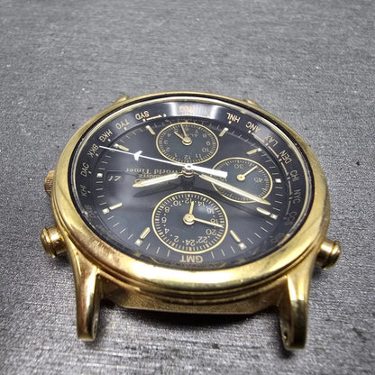 Seiko World Time Watch Men 37mm Black Dial Gold Tone Alarm Date 5T52-6A39 PARTS75