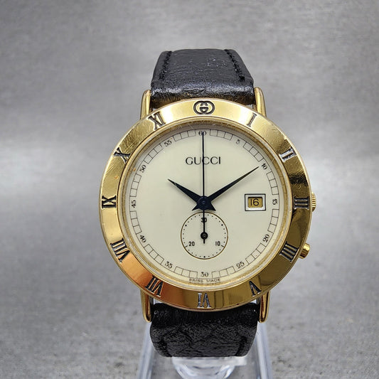 Gucci 3800JR Chronograph Watch Women 29mm Cream Dial Gold Plated Date New Batt0
