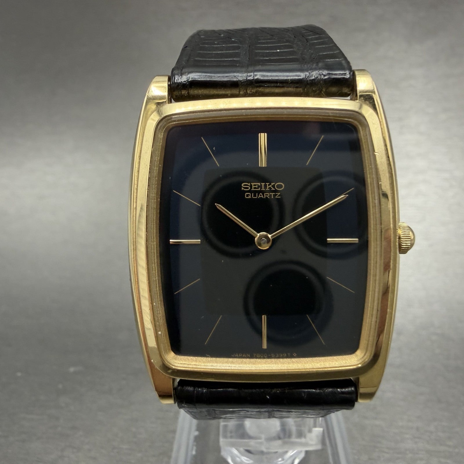 Seiko Tank Watch Men 30mm Blue Dial Gold Tone Rectangle 7800-5309 New Battery0