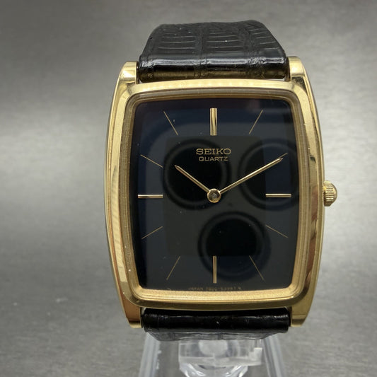 Seiko Tank Watch Men 30mm Blue Dial Gold Tone Rectangle 7800-5309 New Battery0