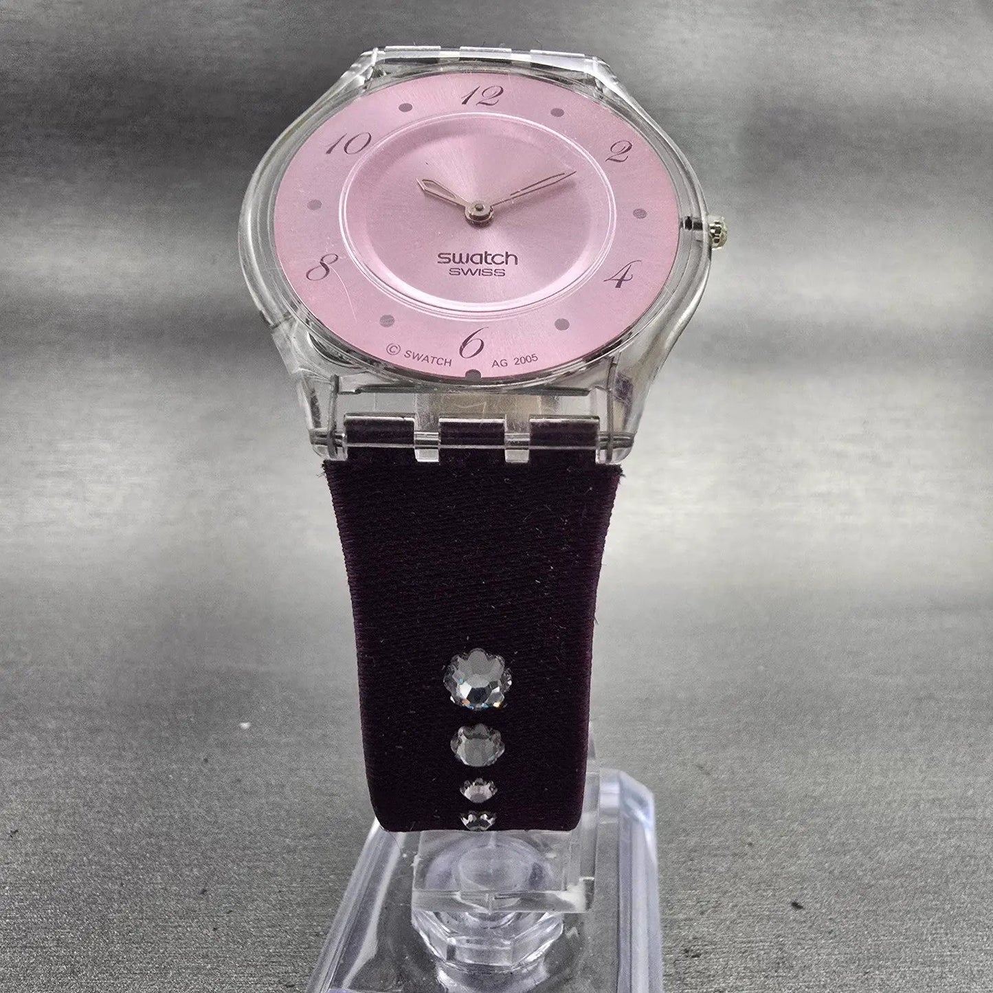 Swatch Skin FLOWER TRACK Watch Women Purple Dial Clear Case SFK278 New Battery5