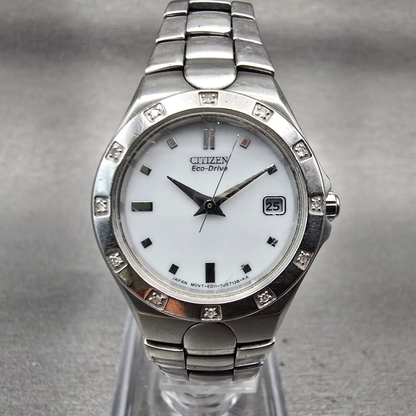 Citizen Eco-Drive Watch Women 25mm White Dial Silver Tone Date E011-S033705 Runs0