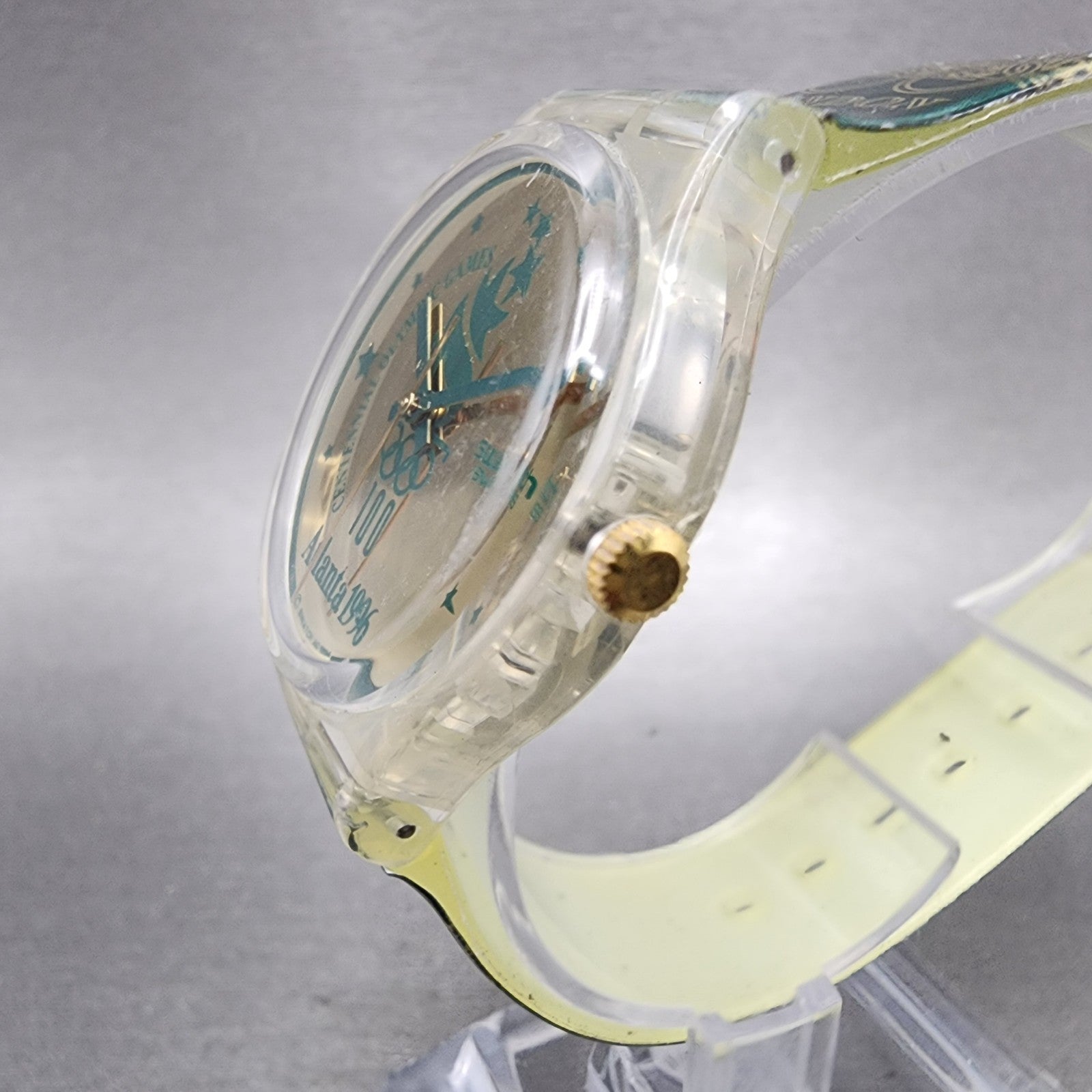 Swatch Olympics 1996 Watch Men 34mm Gold Dial Clear Round GZ136 New Battery2