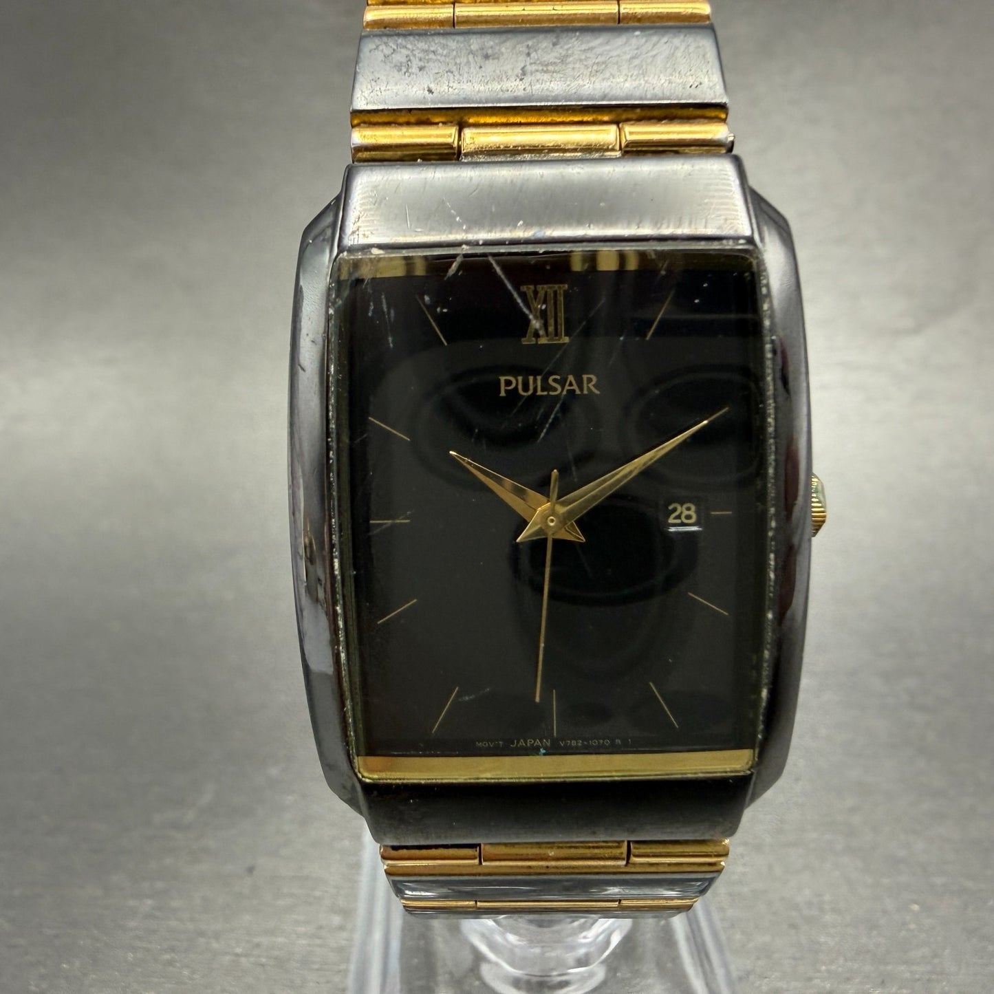 Seiko Pulsar Tank Watch Men 26mm Black Dial Black & Gold Tone Date New Bat0