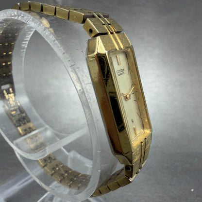 Citizen CQ Tank Watch Women 13mm Champagne Dial Gold Tone Rectangle New BatteryN3