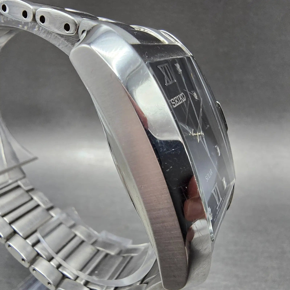 Seiko Solar Tank Watch Men 35mm Black Dial Silver Date Rectangle V157-0CC0 Runs3
