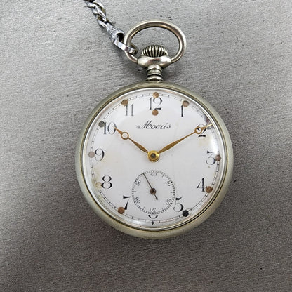 Moeris Pocket Watch Men 43mm White Dial Steel Manual Wind READ!!! Vintage