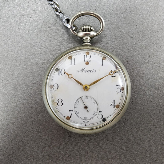 Moeris Pocket Watch Men 43mm White Dial Steel Manual Wind READ!!! Vintage