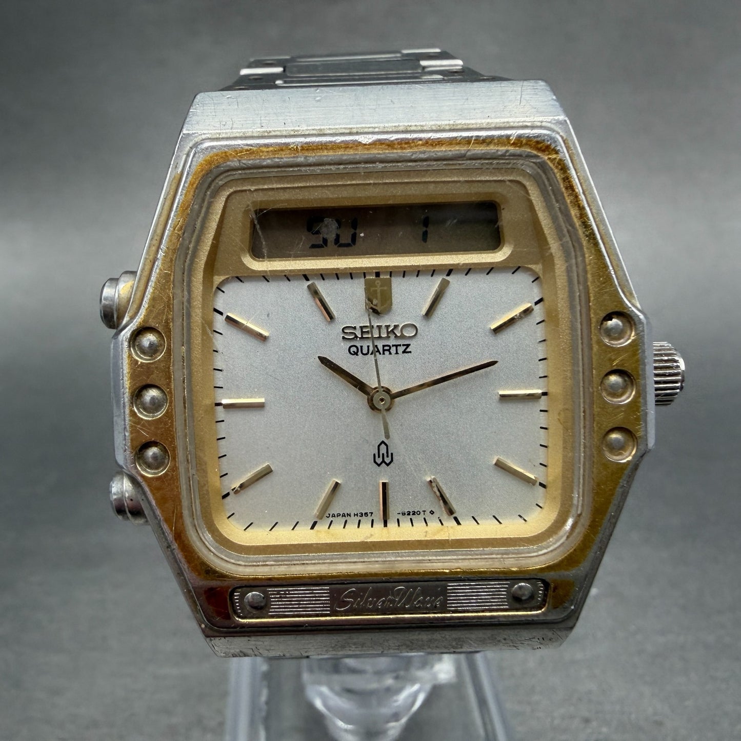 Seiko Analog Digital Watch Men 35mm Silver Dal Two Tone H357-5140 PARTS Vintage0