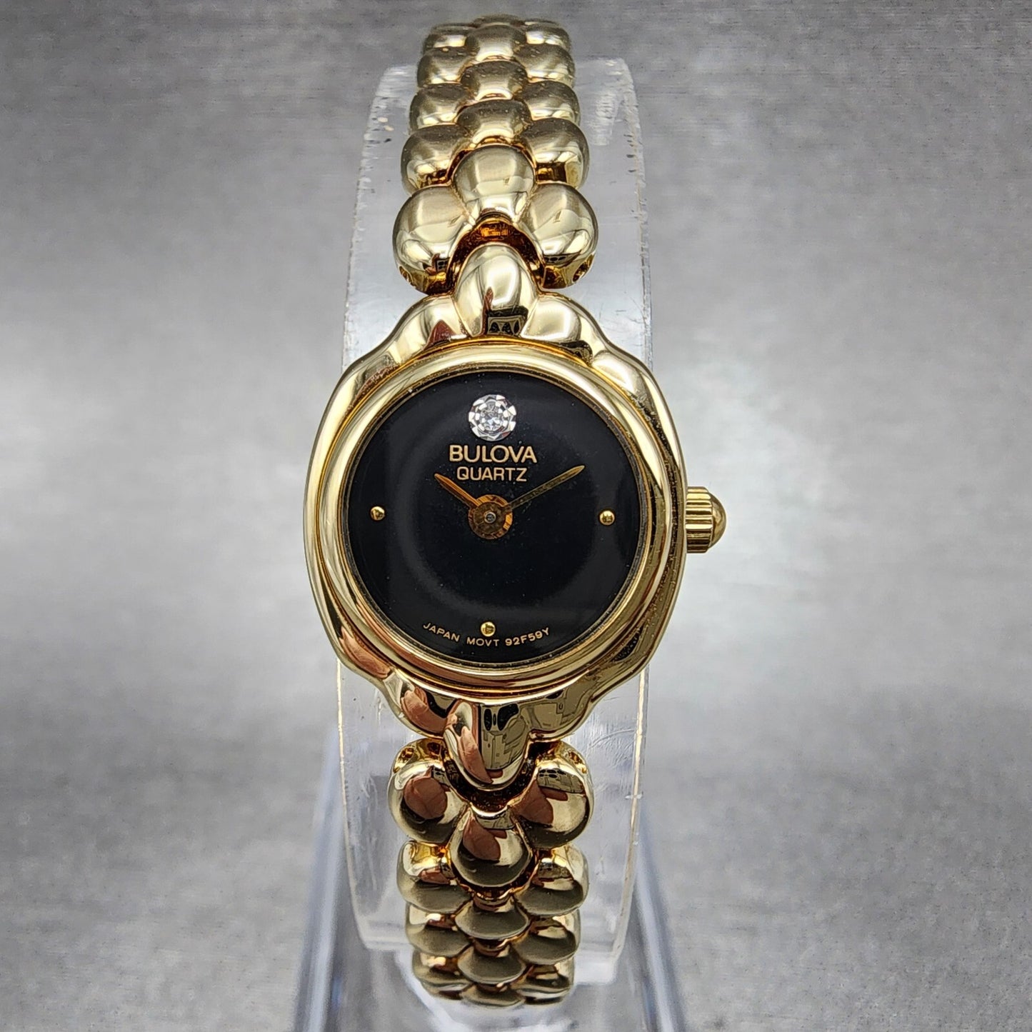 Bulova Watch Women 17mm Black Dial Gold Tone Round 92F59 New Batt NOS2