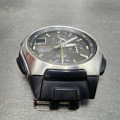 Casio Wave Ceptor Watch Men 43mm Black Dial Black Tone Analog Digital Solar Runs4