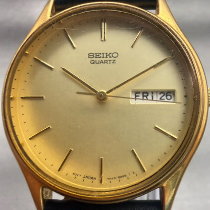 Seiko Watch Men 34mm Champagne Dial Gold Tone Daydate Round 7N43-8A89 New Batt1