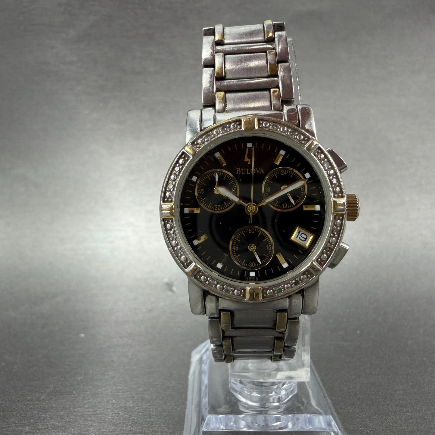 Bulova Chronograph Watch Women 30mm Black Dial Two Tone Date 98W15 New Battery5