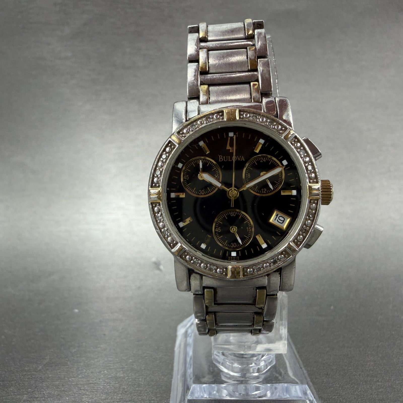 Bulova Chronograph Watch Women 30mm Black Dial Two Tone Date 98W15 New Battery5