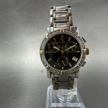 Bulova Chronograph Watch Women 30mm Black Dial Two Tone Date 98W15 New Battery5
