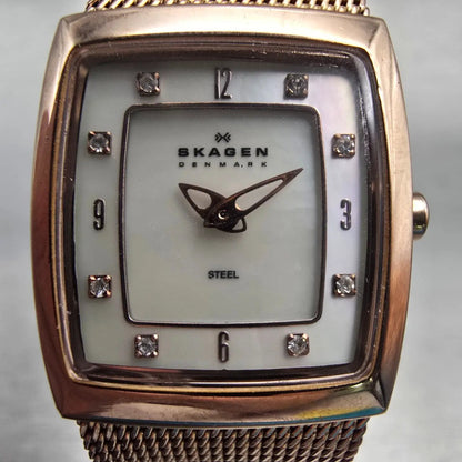 Skagen Denmark Watch Women 21mm MOP Dial Rose Gold Rectangle 380XSRR New Battery1