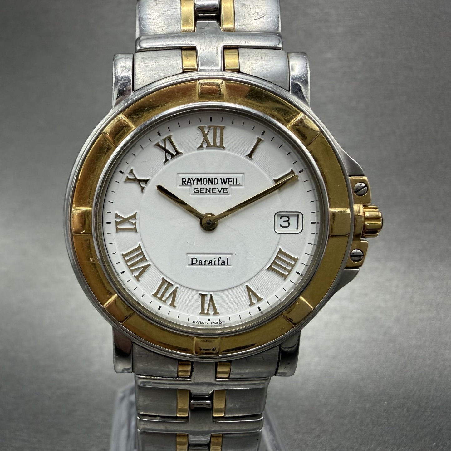 Raymond Weil Parsifal Watch Men 35mm White Dial Two Tone Date Round New Bat 95300