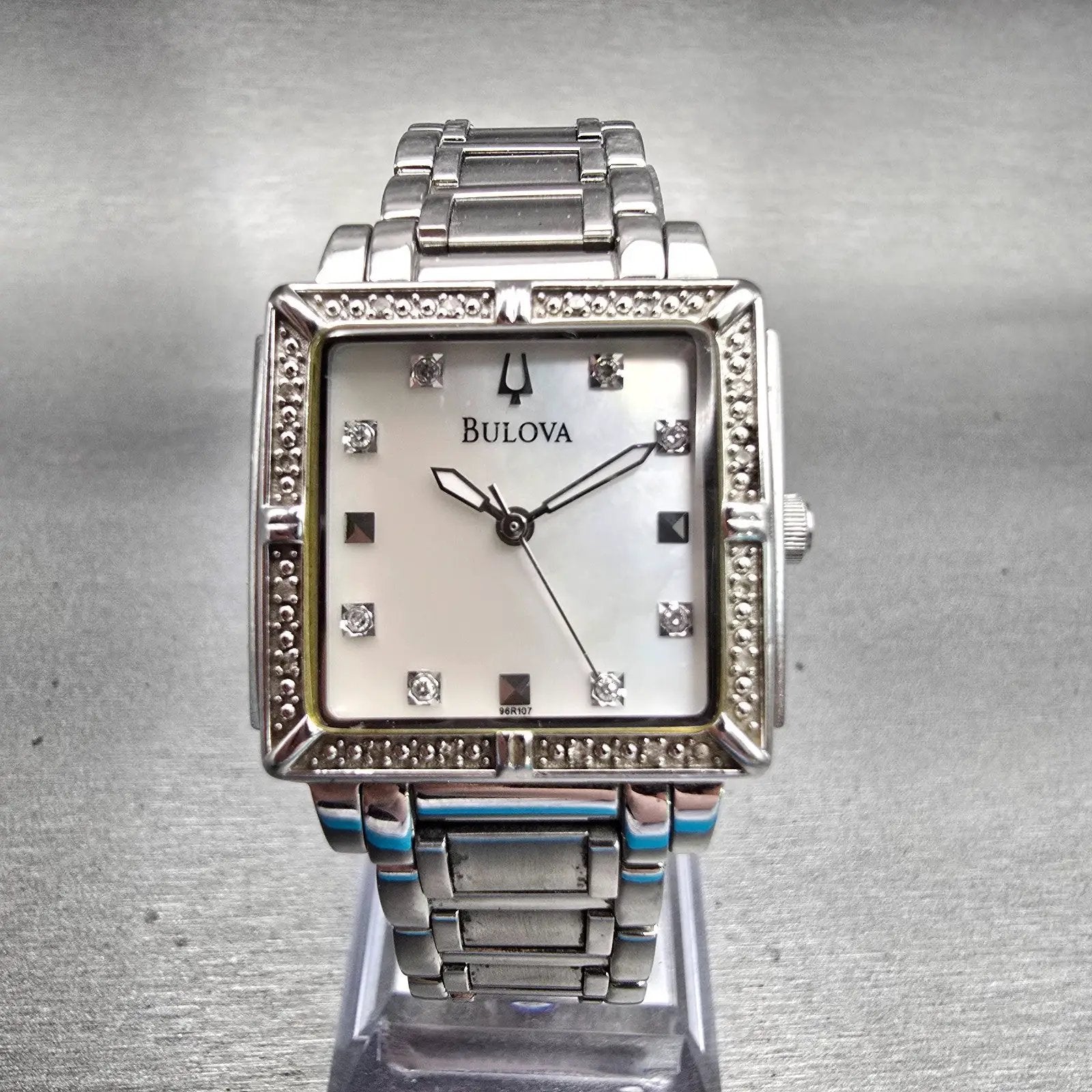 Bulova Watch Women 26mm MOP Dial Silver Tone Gemmed Square 96R107 New Battery0