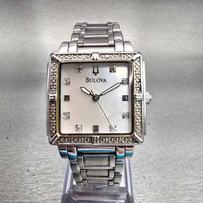 Bulova Watch Women 26mm MOP Dial Silver Tone Gemmed Square 96R107 New Battery0