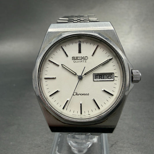 Seiko Chronos Watch Men 34mm Silver Dial Silver Tone Daydate 7433-7040 PARTS0