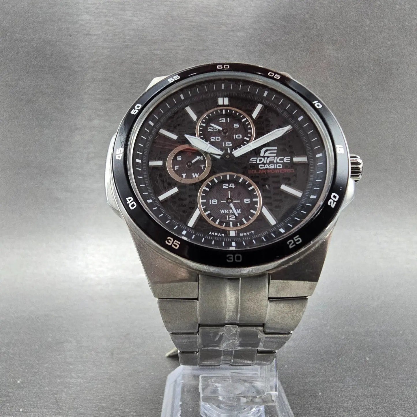 Casio Edifice Solar Watch Men 44mm Black Dial Silver Tone Daydate EF-340 Runs5