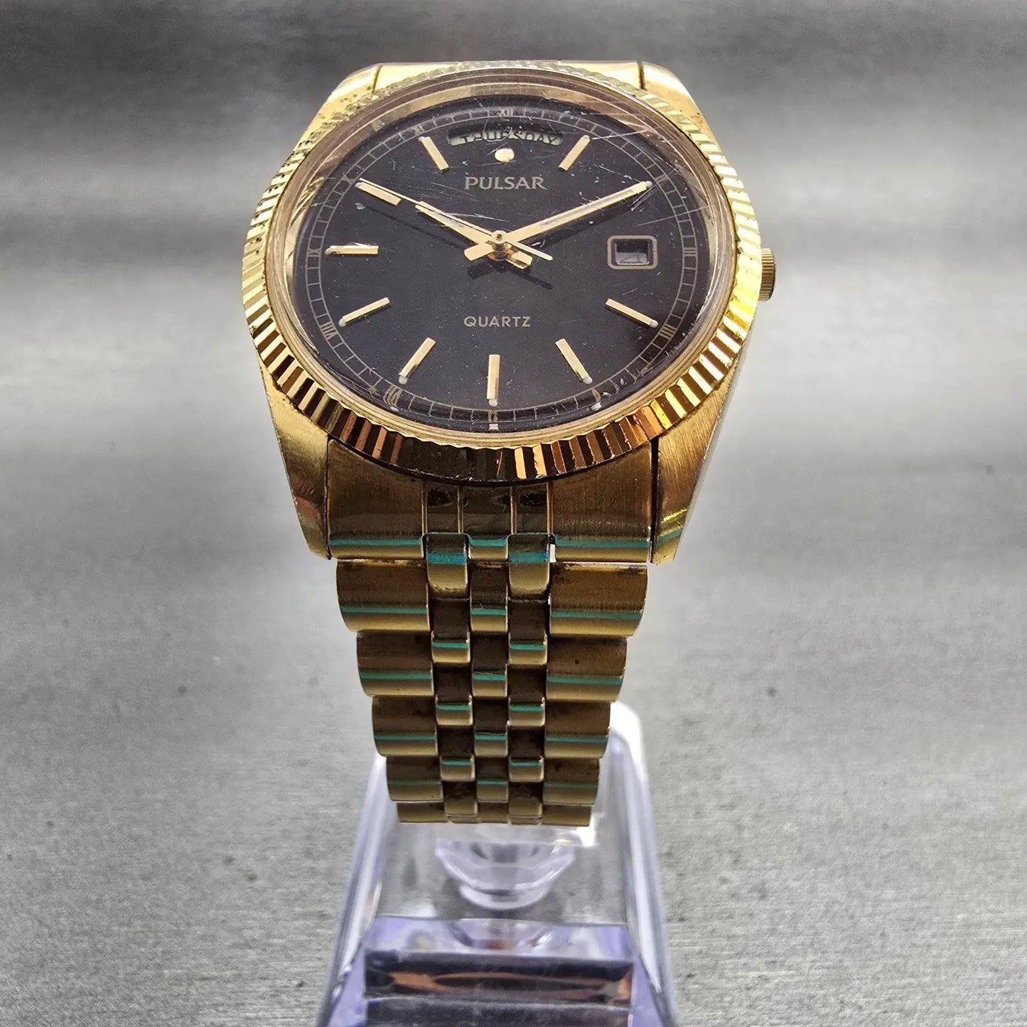 Seiko Pulsar President Watch Men 35mm Black Dial Gold Tone Daydate New Battery5