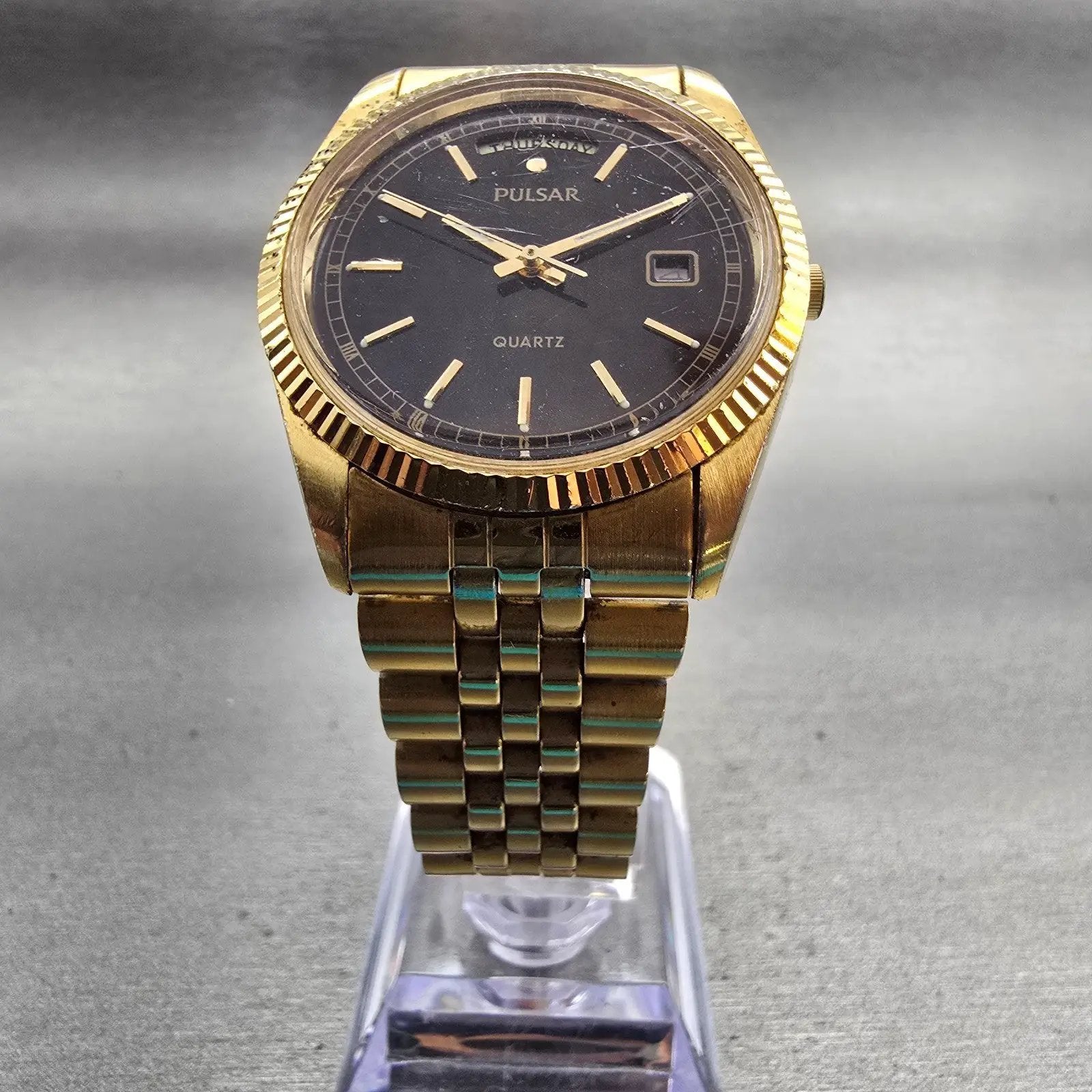 Seiko Pulsar President Watch Men 35mm Black Dial Gold Tone Daydate New Battery5