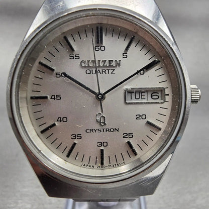 Citizen Crystron Watch Men 35mm Silver Dial Silver Tone Daydate 4-730585 New Bat1