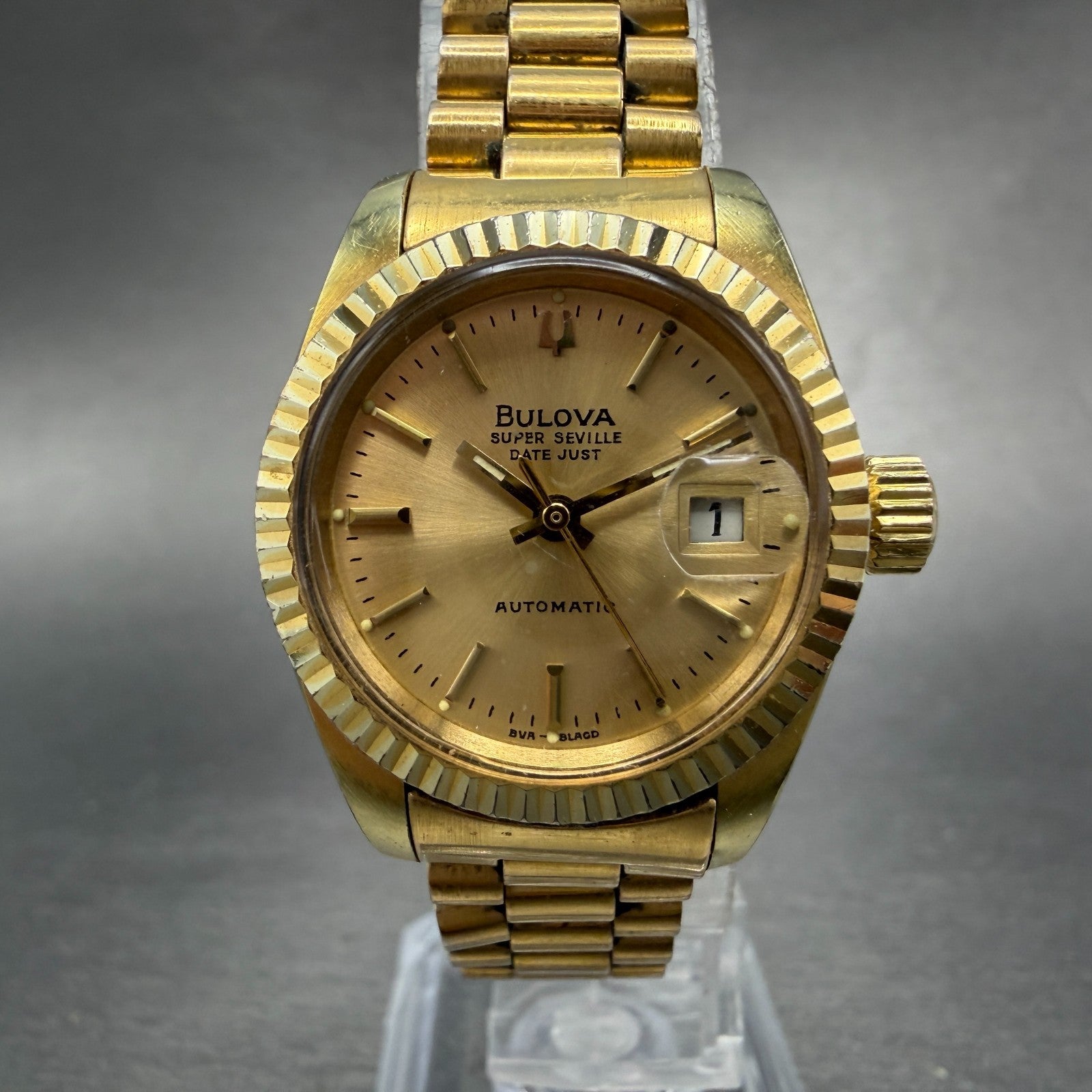 Bulova Super Seville Date Just Watch Women 26mm Gold Dial Gold Tone Automatic KL0
