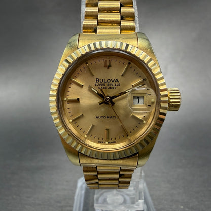 Bulova Super Seville Date Just Watch Women 26mm Gold Dial Gold Tone Automatic KL0