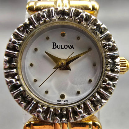 Bulova Watch Women 18mm White Dial Two Tone Gemmed Round 98R24 New Battery1